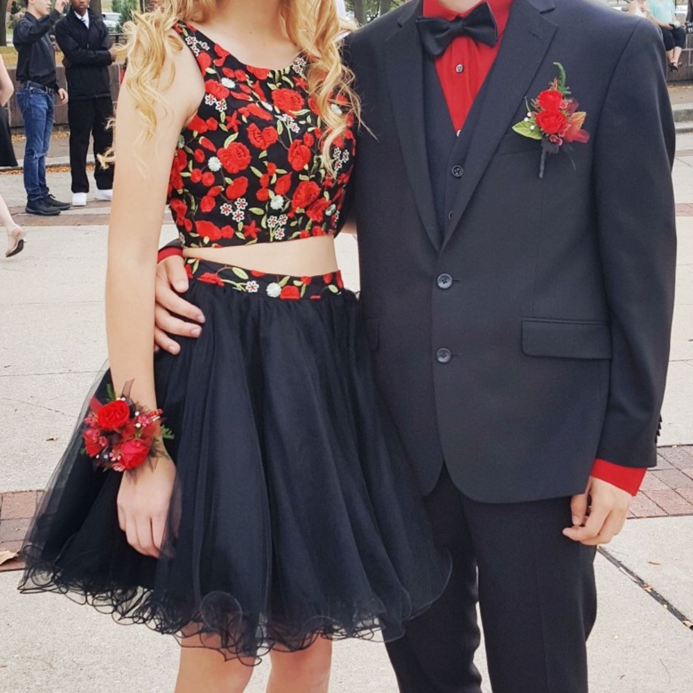 Two Piece Black and Red Floral Dress